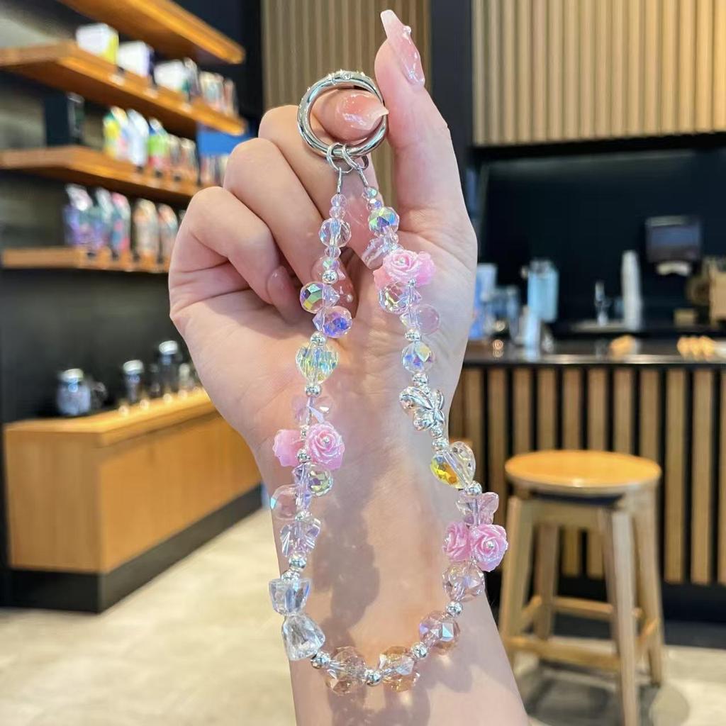 Elegant Rose Quartz Phone Lanyard & Keychain: Women's Wrist Accessory, Purse Charm, and Car Key Holder