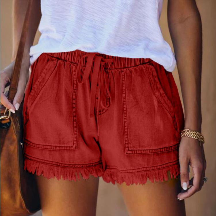 

Summer New Elastic Waist Drawstring Casual High Waist Slim Denim Shorts Women XL червоний