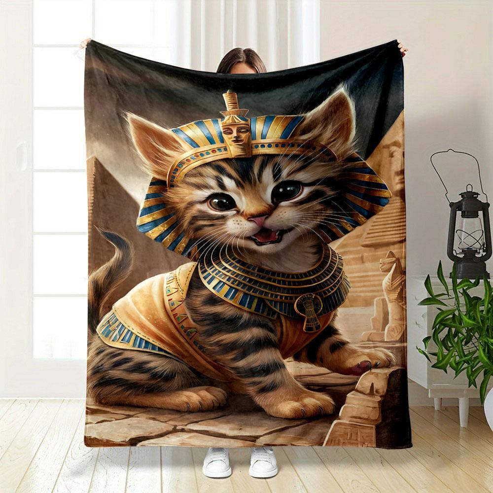 Egyptian Pharaoh Cat in Pyramids Patterned blanket, flannel, suitable for all seasons, home decor, warm and cozy