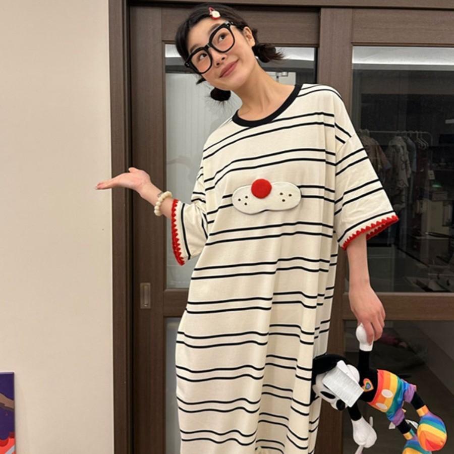 Foreign Style Cartoon Large Size Short-sleeved Pajamas Women's Summer 1011 New Loose Long One-piece Pajamas Loungewear Outside