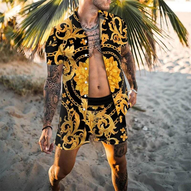Summer Men's Fashion Leopard Print Short Sleeve Shirt And Shorts Set Beach Style T Shirt Breathable Shorts Two Piece Set