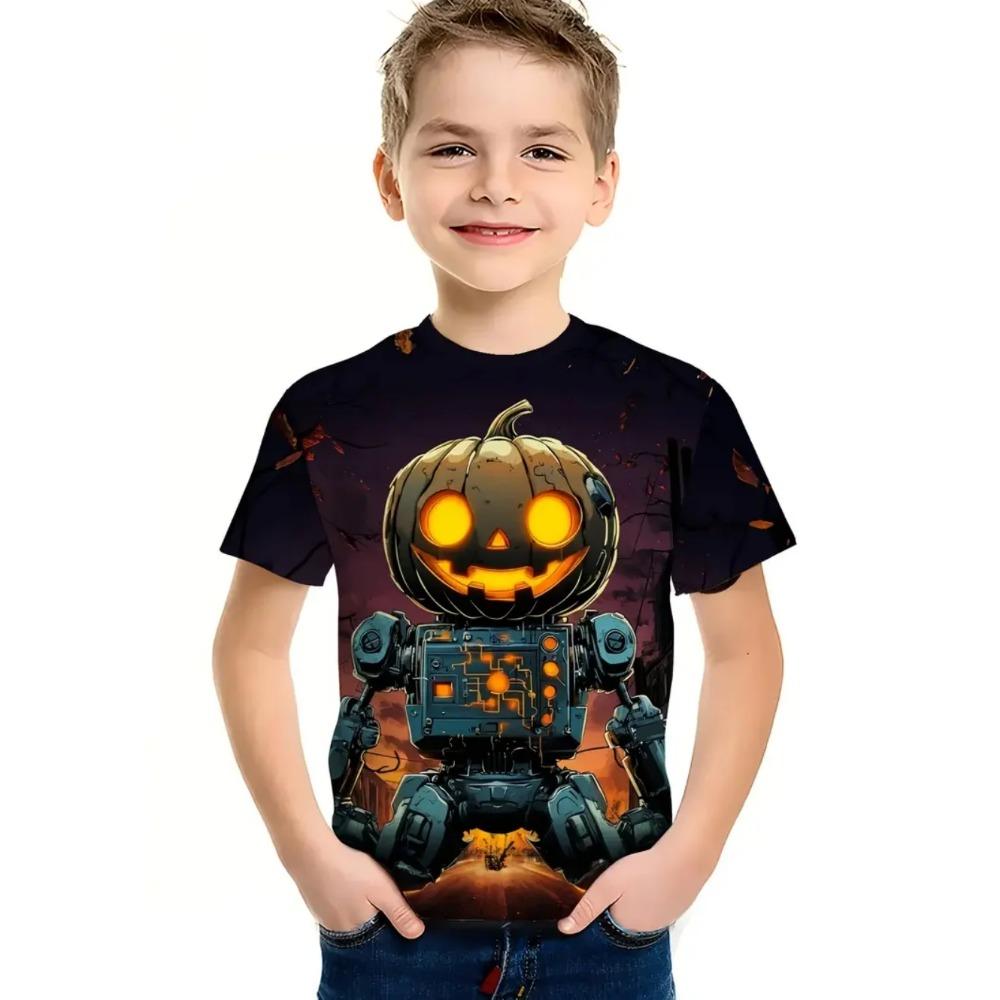 Rundhalsad 3D Robot & Pumpa Grafiskt Tryckta Kortärmade Barnpojks T-shirts - Mjuk Medium Stretch Polyestertyg Sommar Avslappnad Passform Kläder