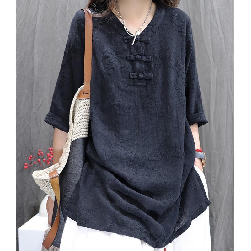 Women s Cotton-Linen V-Neck Jacquard Mid-Sleeve Shirt with Frog Button - Summer 2026 Collection L