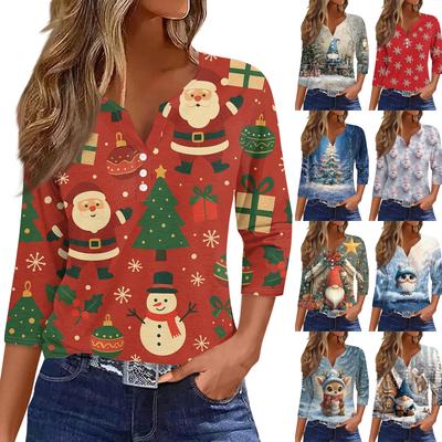 Damenmode Lässig Weihnachts-Print V-Ausschnitt Kurzarm Zierknopf Dreiviertelarm T-Shirt Top