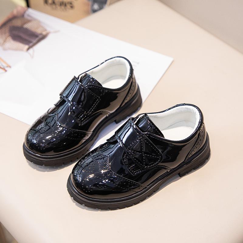 Spring and Autumn New Casual Lace-up Black Boy Leather Shoes Hollowed Out Feet Breathable British Korean Version of Small Children's Shoes