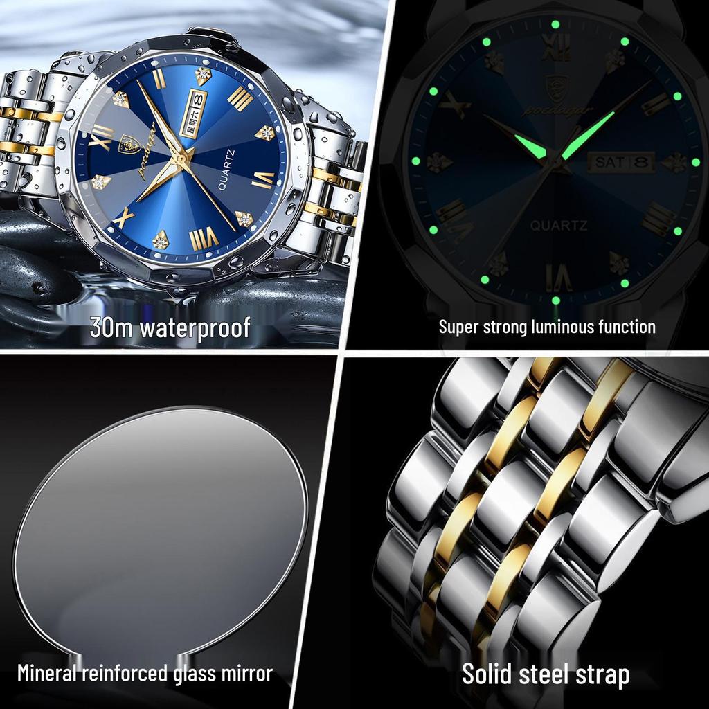 Swiss Luxury Men's Waterproof Luminous Quartz Watch with Solid Band