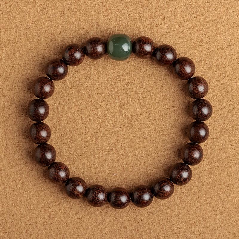Original Small-leaf Rosewood Bracelet for Couples, Women's Black Sandalwood Bracelet with Hetian Jade Top Bead