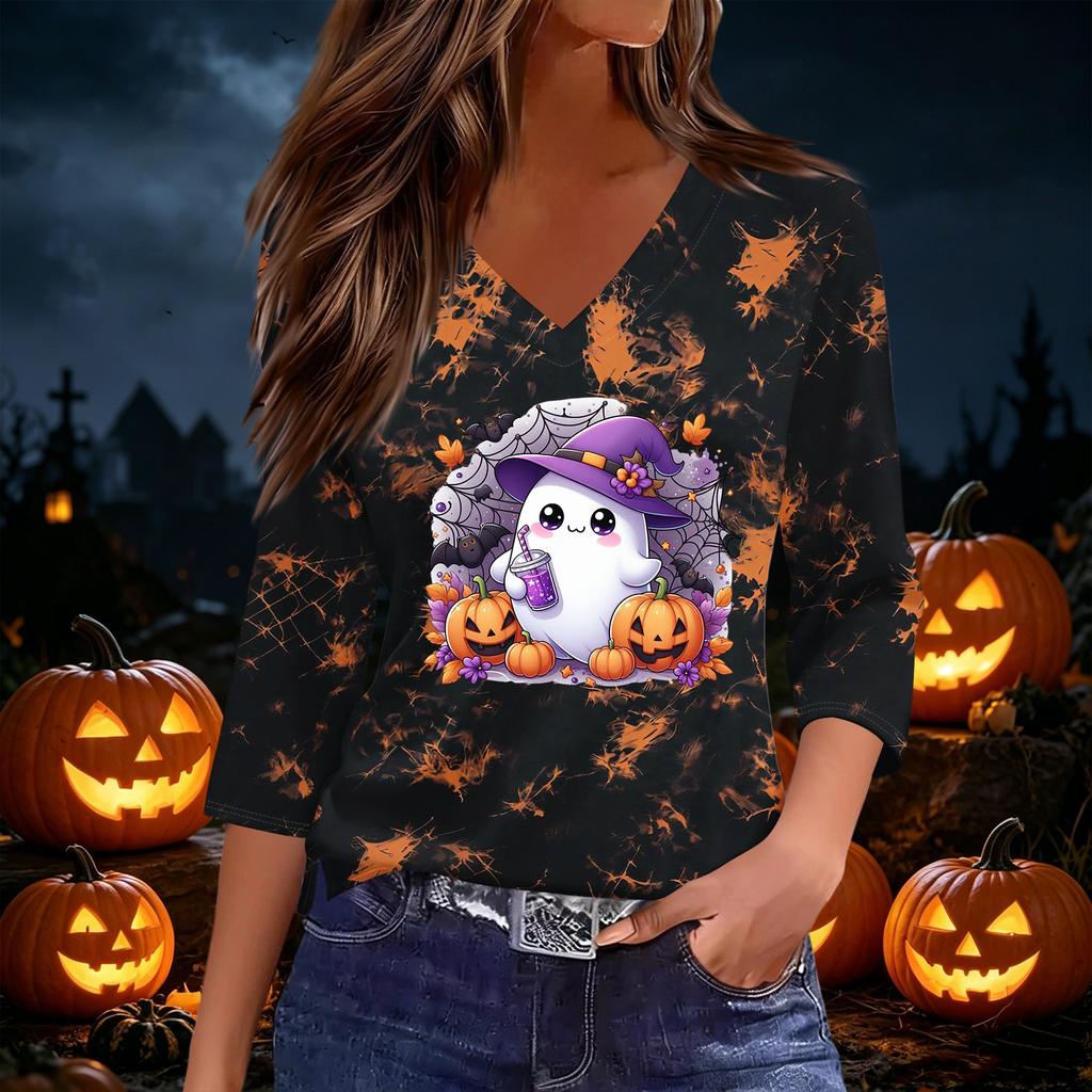 Women's Halloween Print V-Neck Three-Quarter Sleeve Casual Top