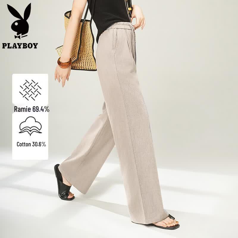 PLAYBOY Unisex Linen Blend Drawstring Wide-Leg Pants L