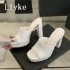 Fashion Liyke Sexy Thick High Heels Platform Slippers Black White Cozy PU Leather Open Toe 12CM Women Shoes Sandals Pumps Zapatos Mujer