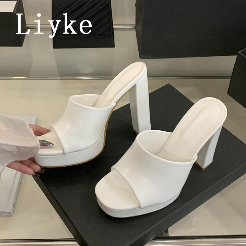 Fashion Liyke Sexy Thick High Heels Platform Slippers Black White Cozy PU Leather Open Toe 12CM Women Shoes Sandals Pumps Zapatos Mujer