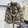 Winter new waist lace-up down jacket women's medium and long hooded loose thickened white duck down thin coat