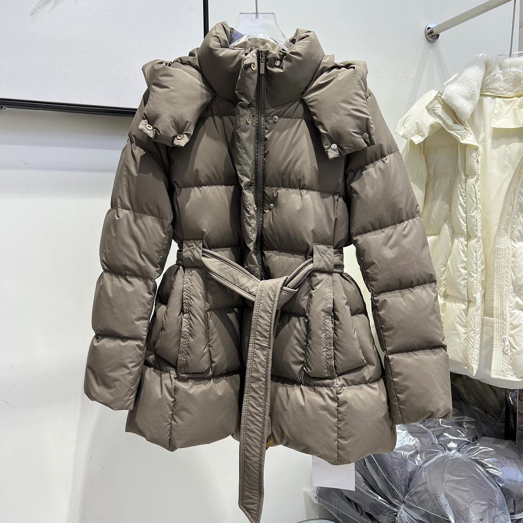 Winter new waist lace-up down jacket women's medium and long hooded loose thickened white duck down thin coat