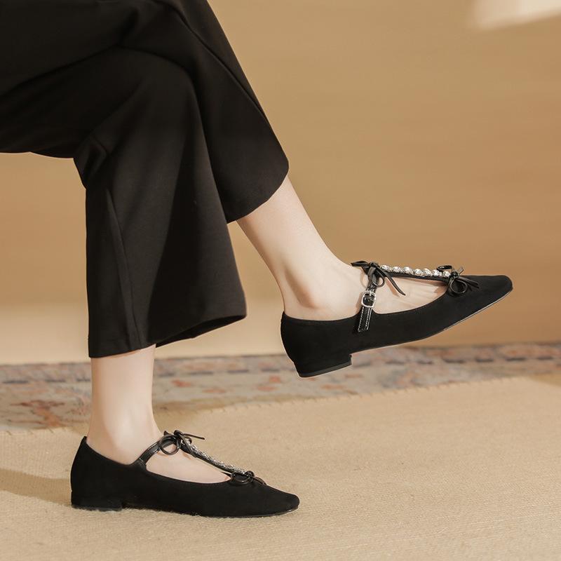 22305 Flat Shoes Women's Thick Heel 2025 New Square Head Rhinestone Word with Mary Jane Bow Single Shoes