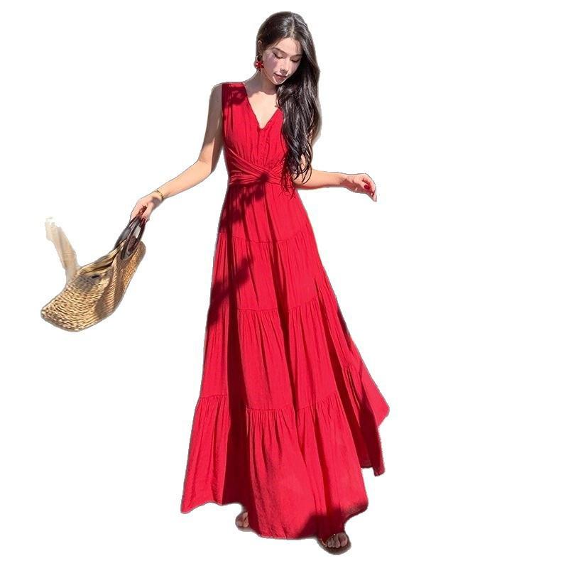Seaside Desert Vacation Red Hanging Neck Dress Female Sanya Travel Wear Photo Sexy Backless Split Skirt