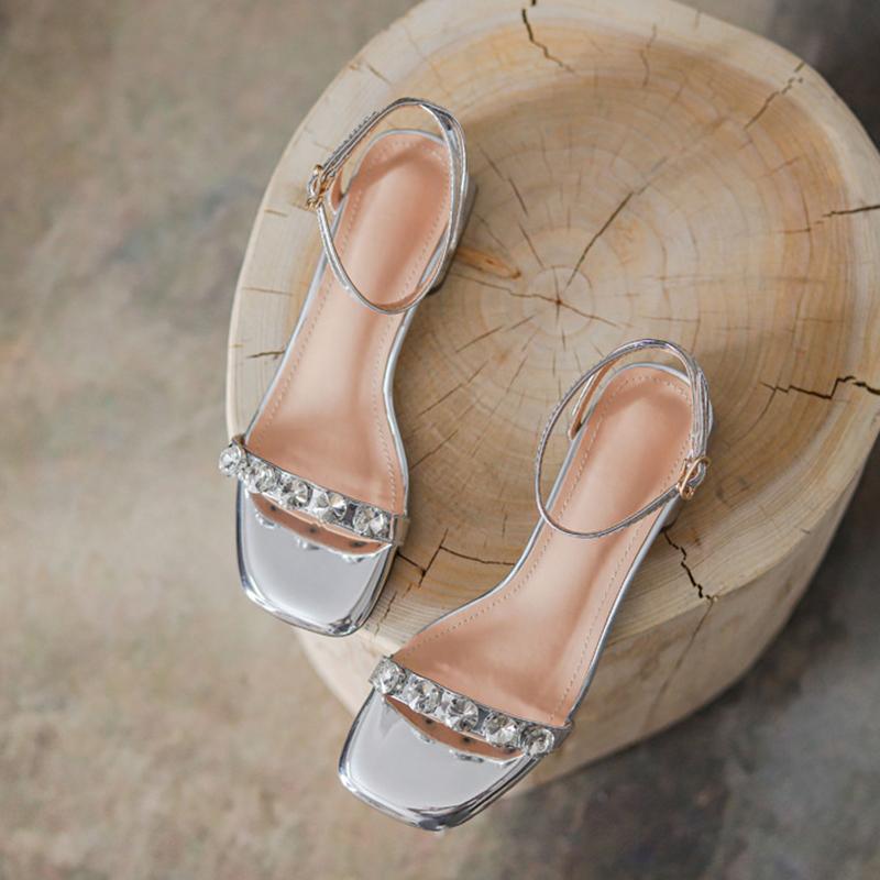 Fashion Rhinestone Rivets Med-high heels sandals women gold/silver ankle strap gladiator sandalias ladies crystal party/dress shoes