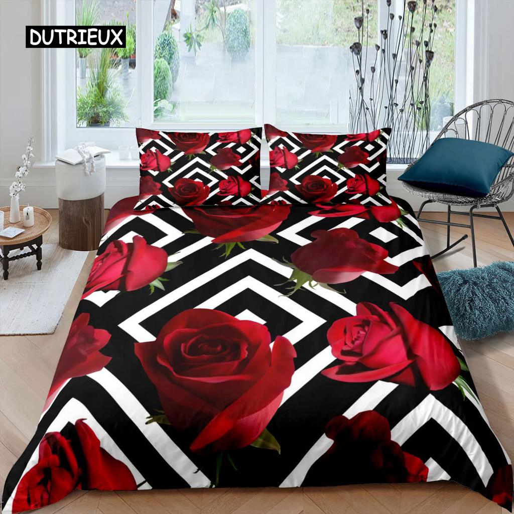 Rose Duvet Cover Set Women Chic Purple Floral Print Bedding Set Romantic Flowers Glitter King Size Comforter Cover for Couples