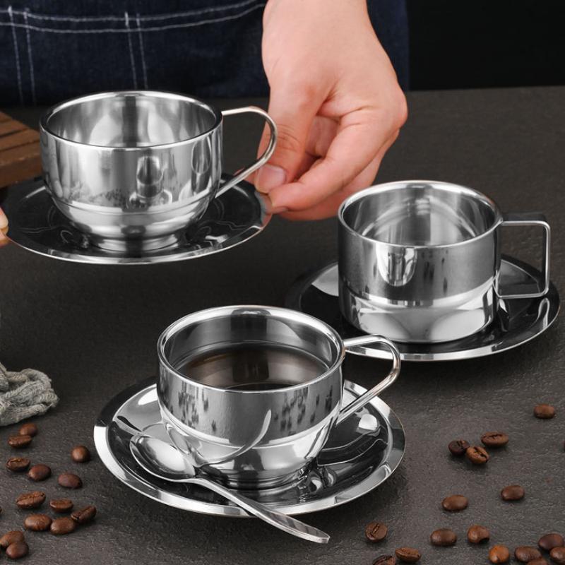 170/200/250/280Ml Stainless Steel Coffee Cup Milk Cup And Saucer Set With Saucer Mat Spoon Handle Easy To Clean And Reusable