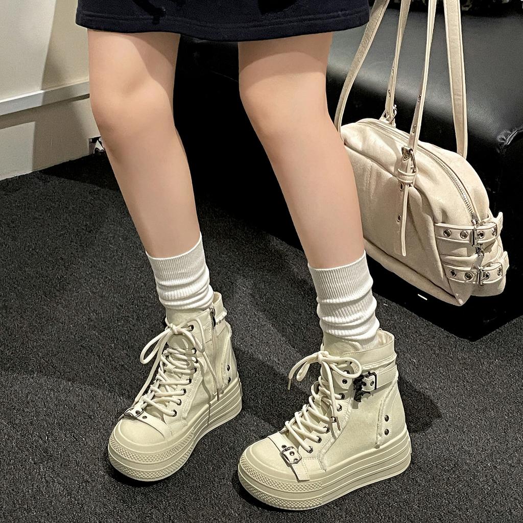 Popular Retro High-end Thick-soled Little White Shoes Women's 2025 New Autumn Skirt Heightening High-top Canvas Shoes