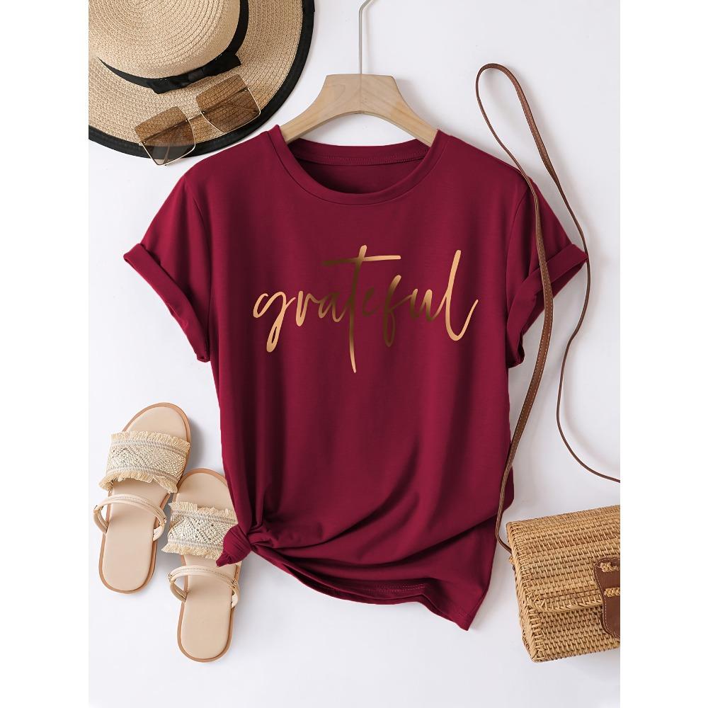 Grateful Rose Gold Script Women's Tee Minimalist Gratitude Graphic Casual Everyday Top