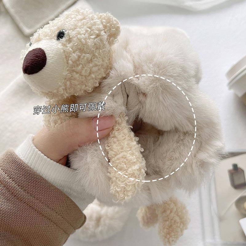 Milk Fufu Cute + Bear Fluffy Scarf Winter Thickened Plush Children's Cartoon Warm Cross Scarf Girl