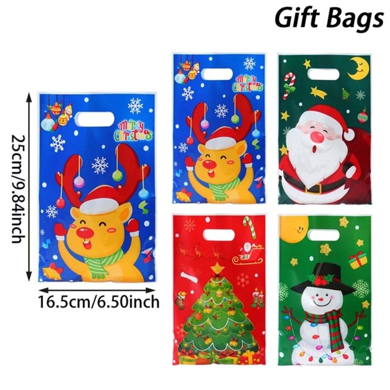 100PCS Christmas Gift OPP Bags Santa Snowman Reindeer Tree Pattern Party Favor Bag with Handle Candy Gifts Packaging Bags