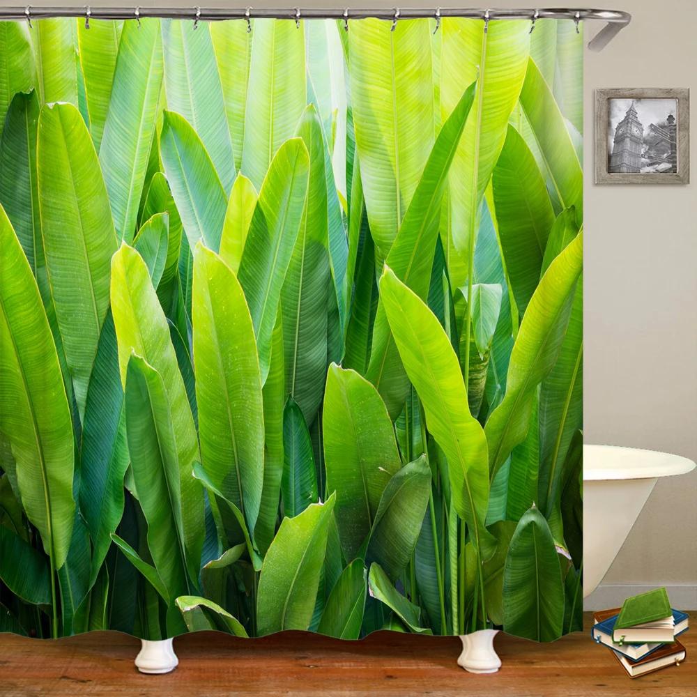 Green Plant Leaves Printed Shower Curtains Waterproof Polyester Curtain with Hook Decoration Bathroom Curtains 3D Shower Curtain W90xH180cm