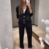 Women's O Neck Long Sleeve Loose Fit Button Front Cardigan Two Piece Outfit Drawstring Waist Straight Pants Autumn Casual Loungewear Pant Set