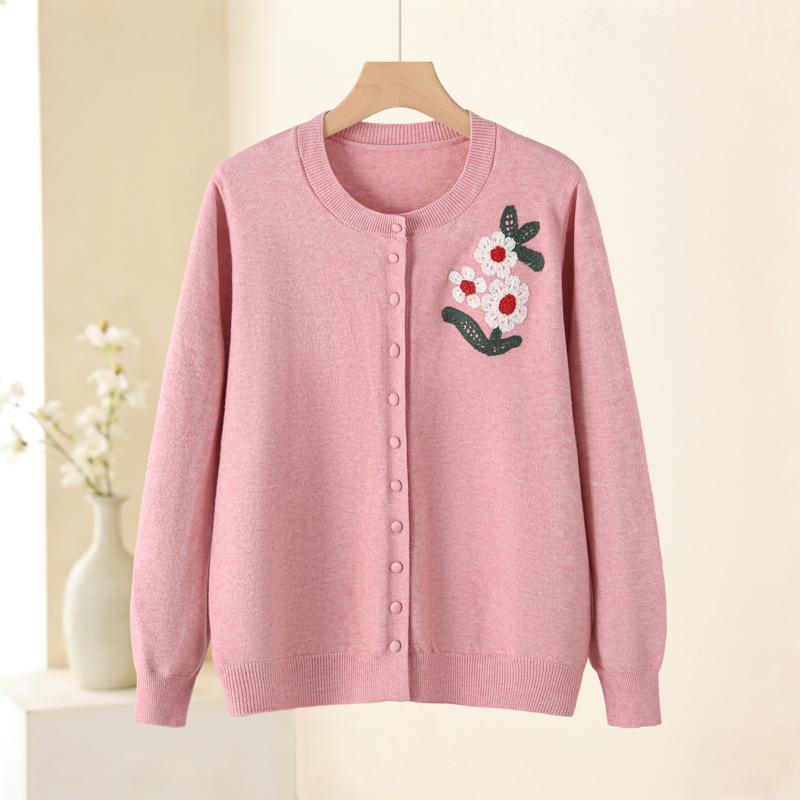 2026 Spring Embroidered Knit Sweater for Middle-aged & Elderly Women - Soft, Loose Button-up Top