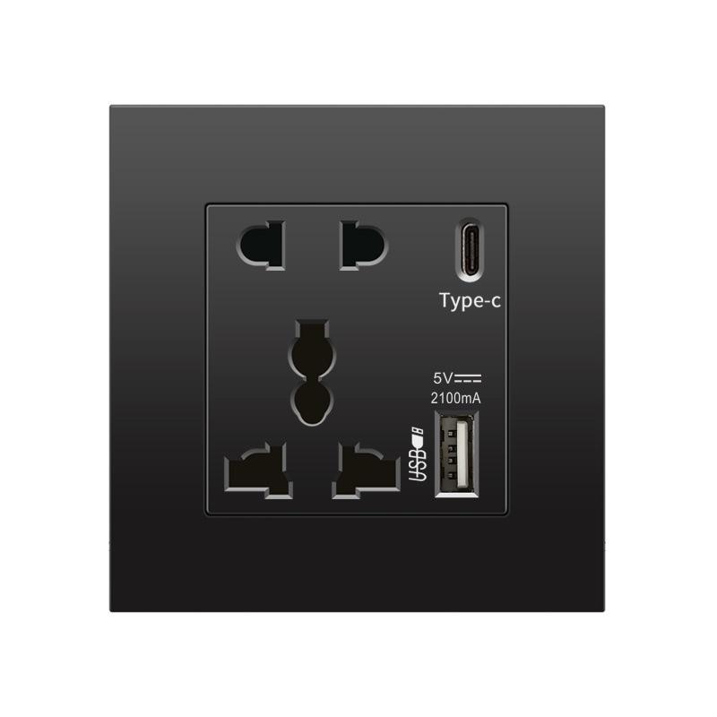 British 13A Socket with USB-C Fast Charging, Hong Kong & Macau Version, Black 3-Hole Square Pin 86 Panel