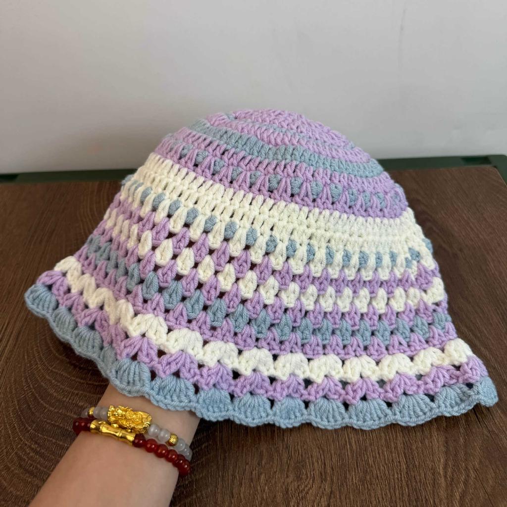 Vintage Handmade Crochet Contrast Striped Knitted Bucket Hat Women Bohemian Wave Lace Trim Beanie Sun Bucket Hat