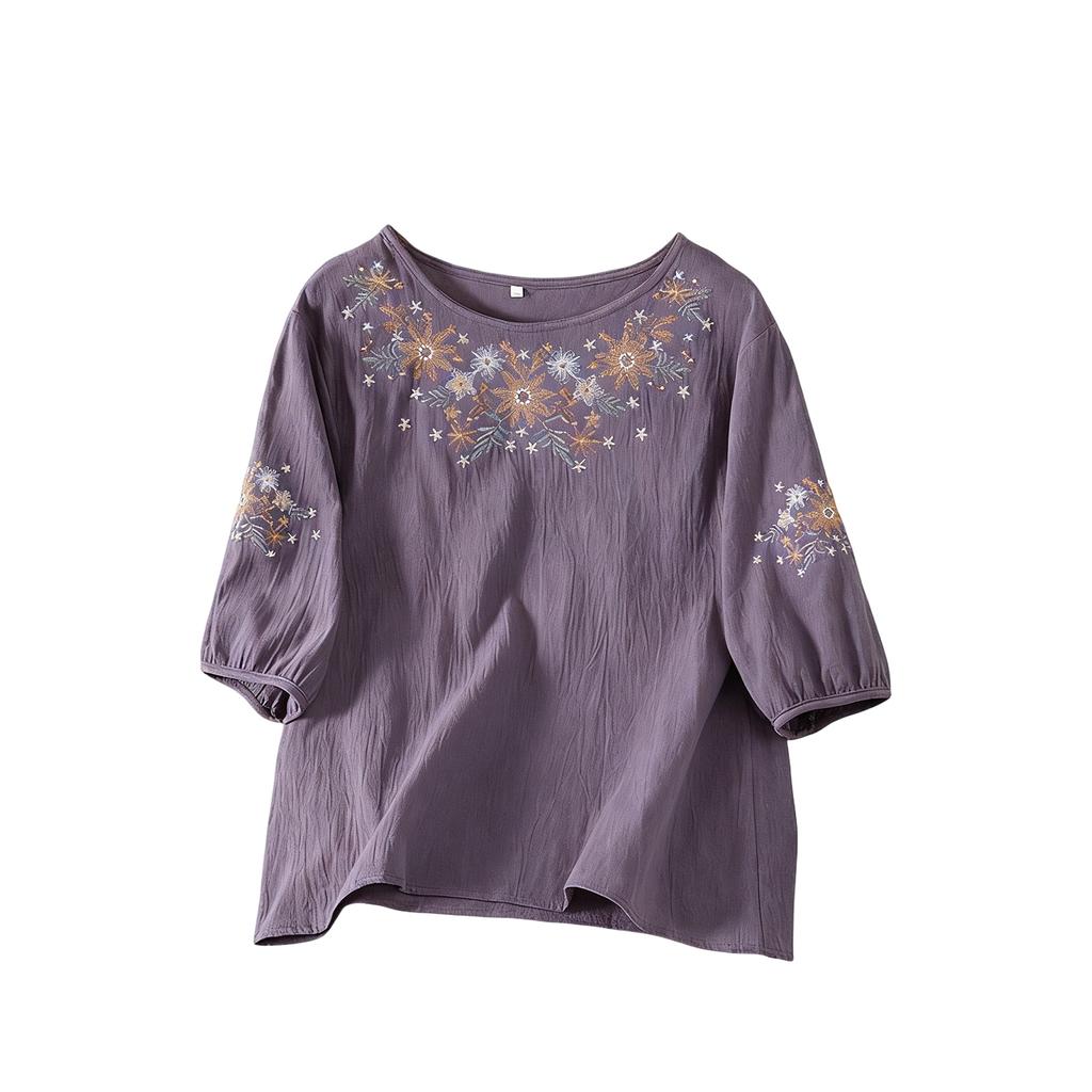 Damen lockeres, figurschmeichelndes Baumwoll-Leinen Rundhals-Dreiviertelarm Hemd Top