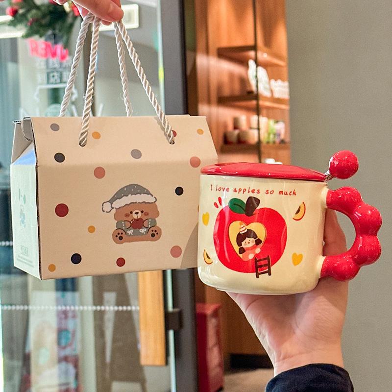 Girl Heart Apple Girl Cup Cute Ceramic Cup with Lid Spoon Girl Large Capacity Coffee Mug Souvenir
