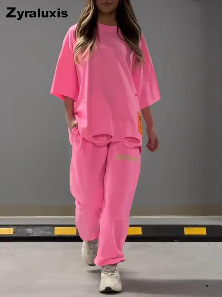 Summer Women's Loose Hollow Crew Neck T-Shirt Top Pants Set Two Piece Outfit