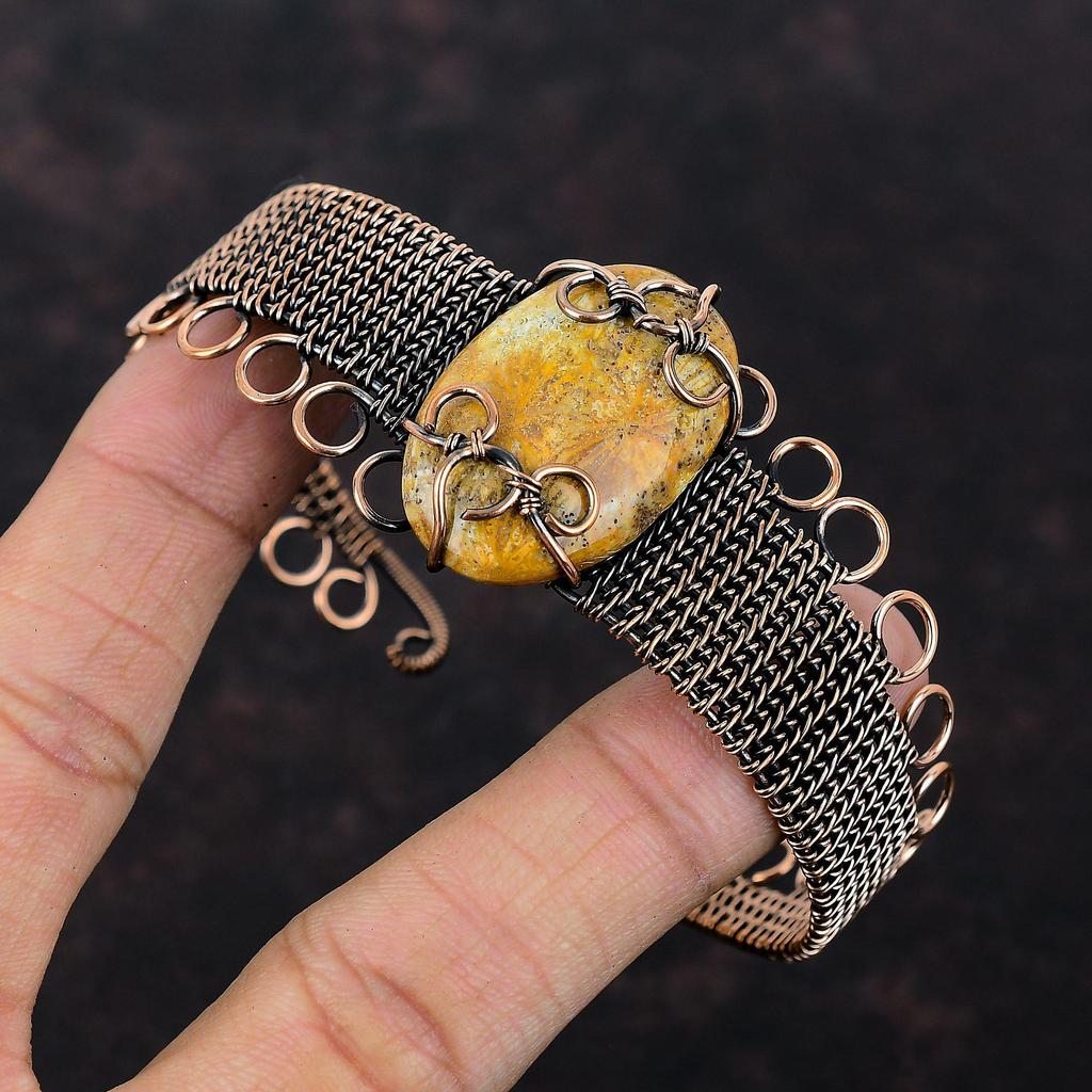 Fossil Coral Cuff Bracelet Copper Wire Wrapped Gemstone Bangle Adjustable Bracelet Copper Jewelry Gift For Mom Handmade Fossil Coral Jewelry