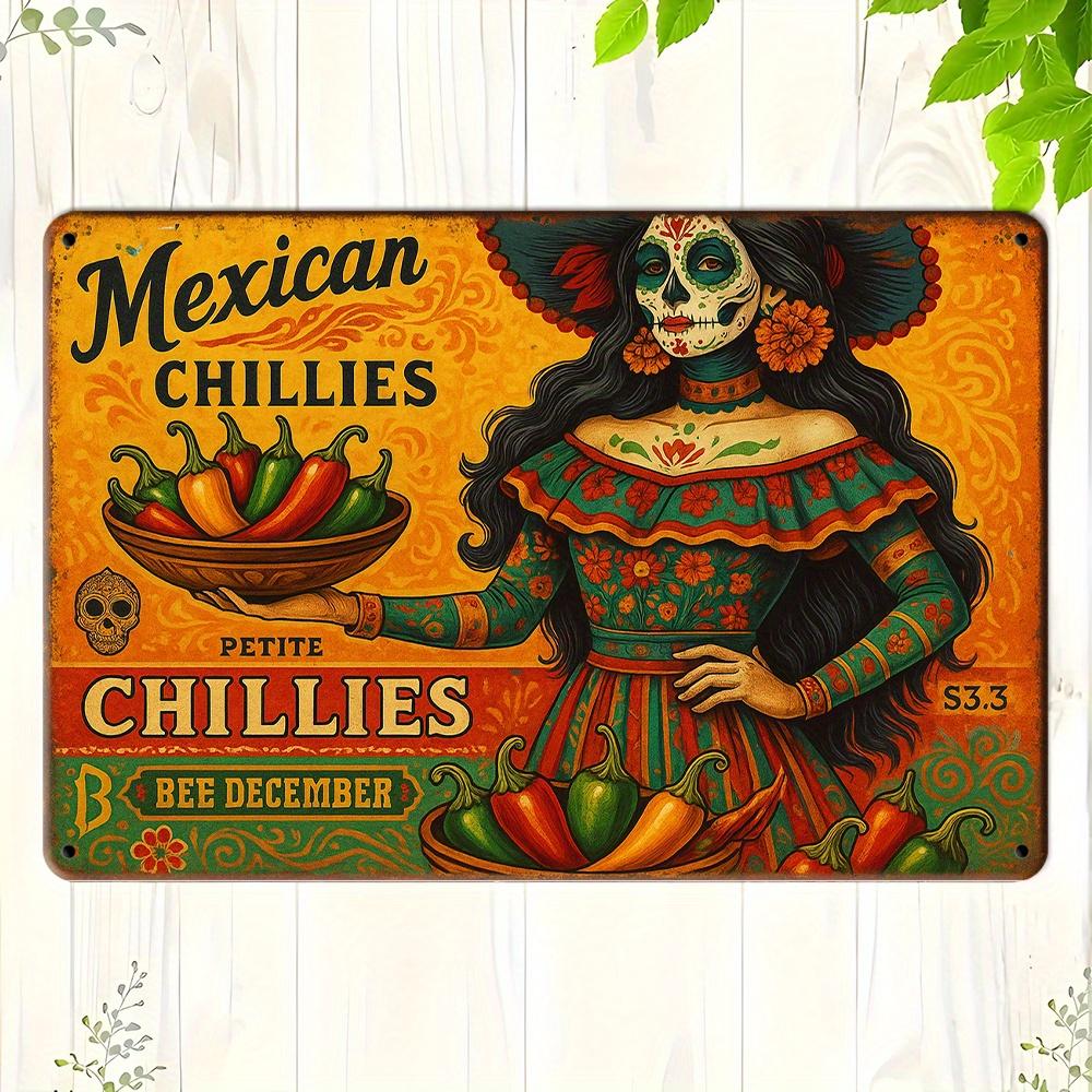 

Vintage Mexican Chili Skull Metal Sign - 20.32x30.48cm Retro Wall Art, Indoor/Outdoor Decorative Plaque, Perfect for Room Decor чистый