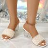 New White Pearl Shiny Sandals Slippers Women Transparent Thick Bottom Party Dress Mules High Heels Summer Heeled Beach