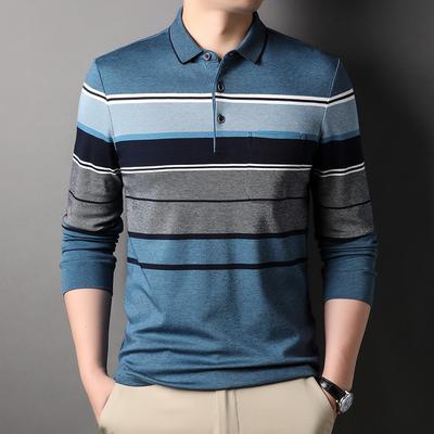 Jesień Nowa Męska Koszulka Polo z Długim Rękawem Moda Casual Paski Odzież Męska w Średnim Wieku Koszulka Bazowa T-shirt