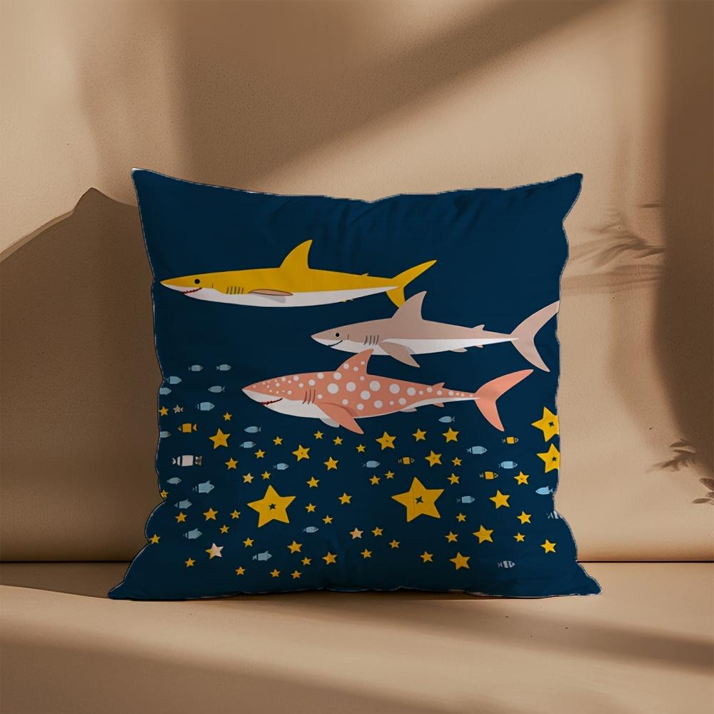 Cartoon Shark Ocean Pillowcase Throw Cushion Cover Deep Sea Starry Night Marine Life Nautical Home Decor Square Pillow 40x40cm