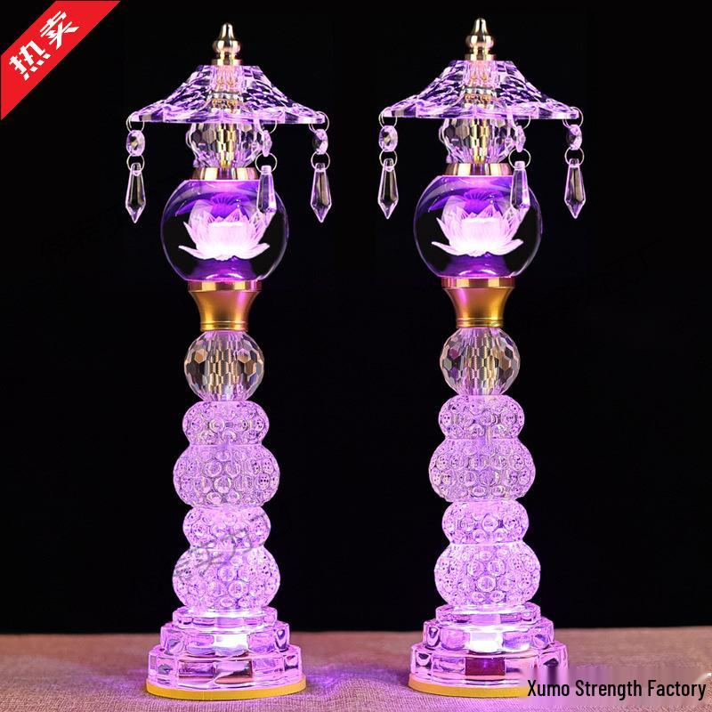 Buddha Altar Seven-Color Crystal Lotus Lamp, Plug-in Pair for Year of the Horse