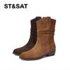 St&Sat Casual Style Coarse Heel Fashion Boots Round Head Retro Western Cowboy Boots Versatile Mid Barrel Women