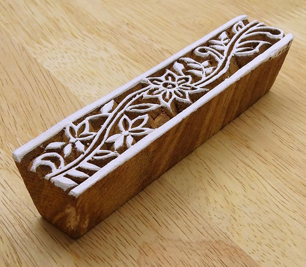 Indian Wood Decorative Handcarved Wooden Textile Stamp Floral Printing Block