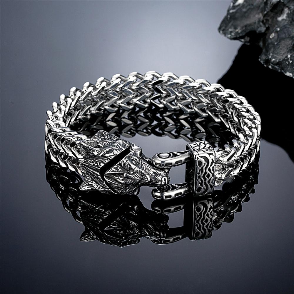 Retro Vikings Bear Norse Wolf Bracelets Men Punk Stainless Steel Mesh Chain Biker Wristband Icelandic Jewelry