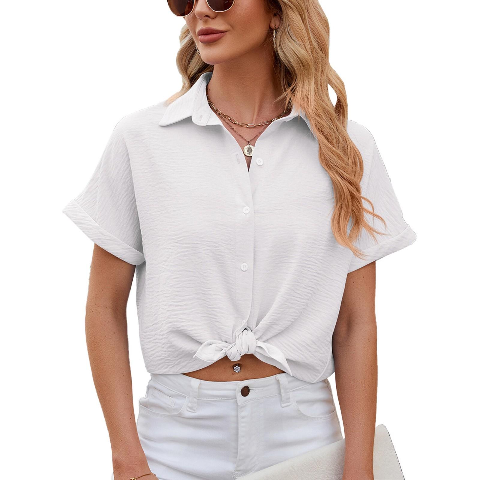 

Женская мода, однотонная свободная повседневная плиссированная рубашка на пуговицах с короткими рукавами, топ XL белый