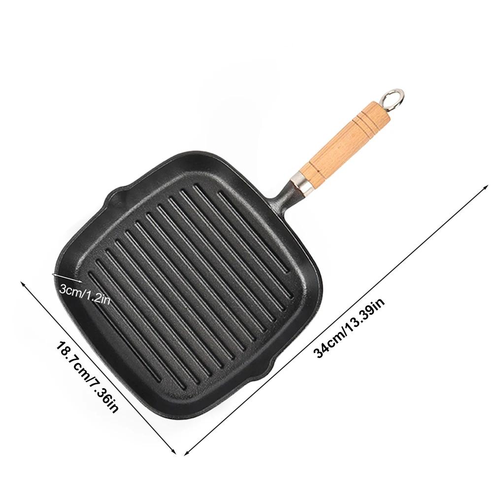 

Cast Iron Grill Pan Non-Stick Square Skillet with Drip Spout with Wooden Handle for Indoor & Outdoor Grilling