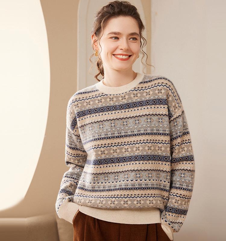 Women's Retro Color Block Cashmere Sweater - Thickened Knitwear with Round Neck for Autumn and Winter.