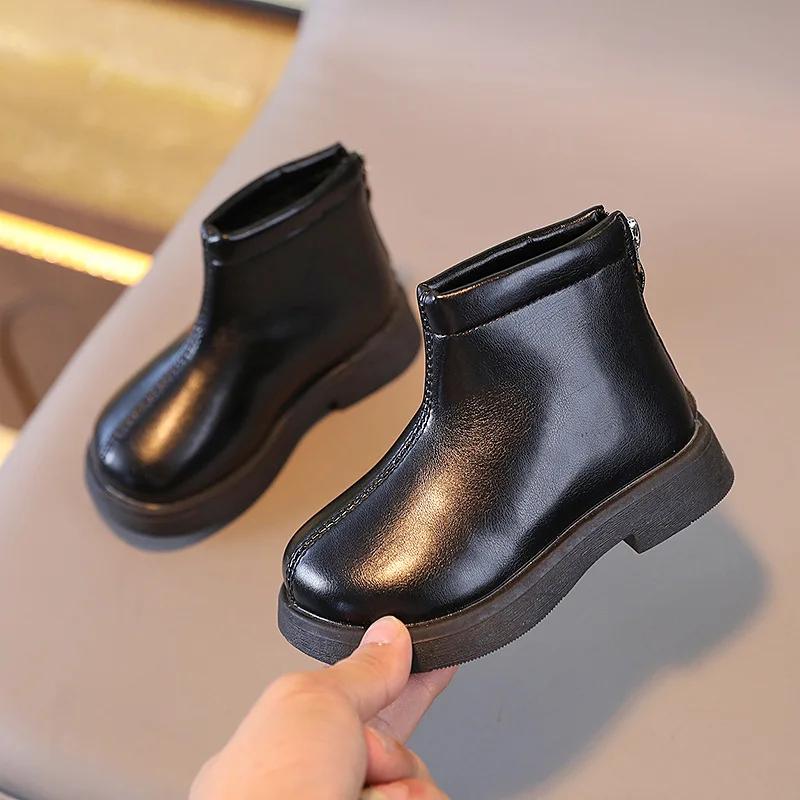 Kids Ankle Boots Retro British Style 2024 Winter New Fashion Boys Girls Short Boots Non-slip Children Leather Boots Soild Color