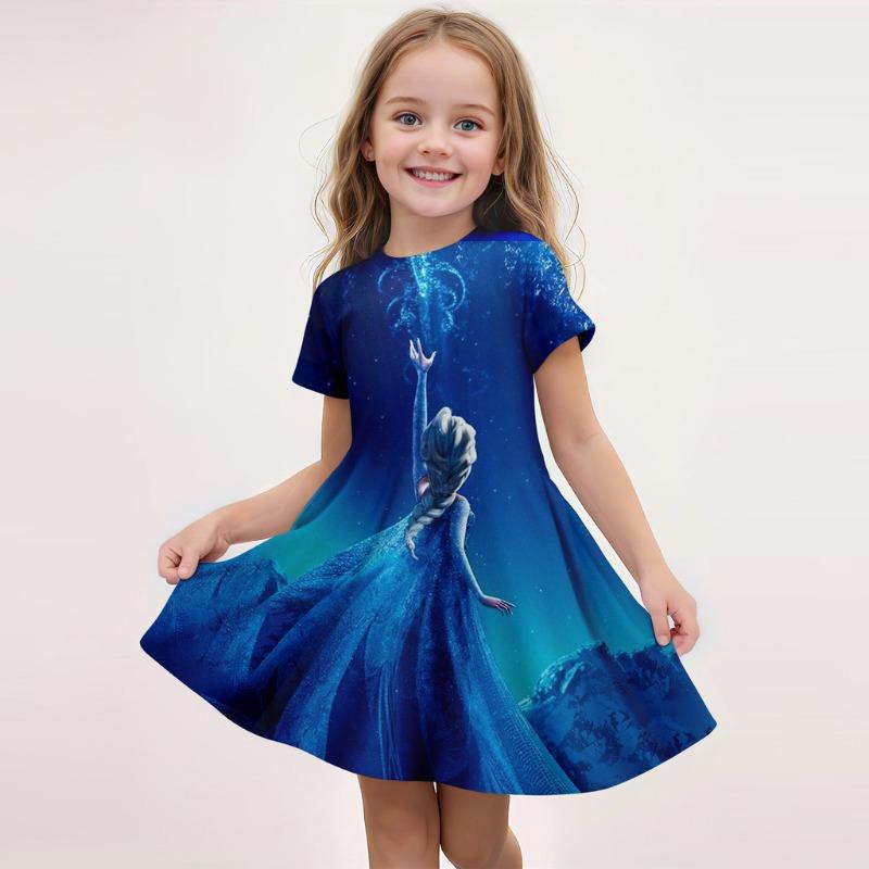 Disney Summer Hot Girl Short Sleeved Skirt Ice and Snow Romance Print 3D Printed Cartoon Pattern Elsa Princess Skirt