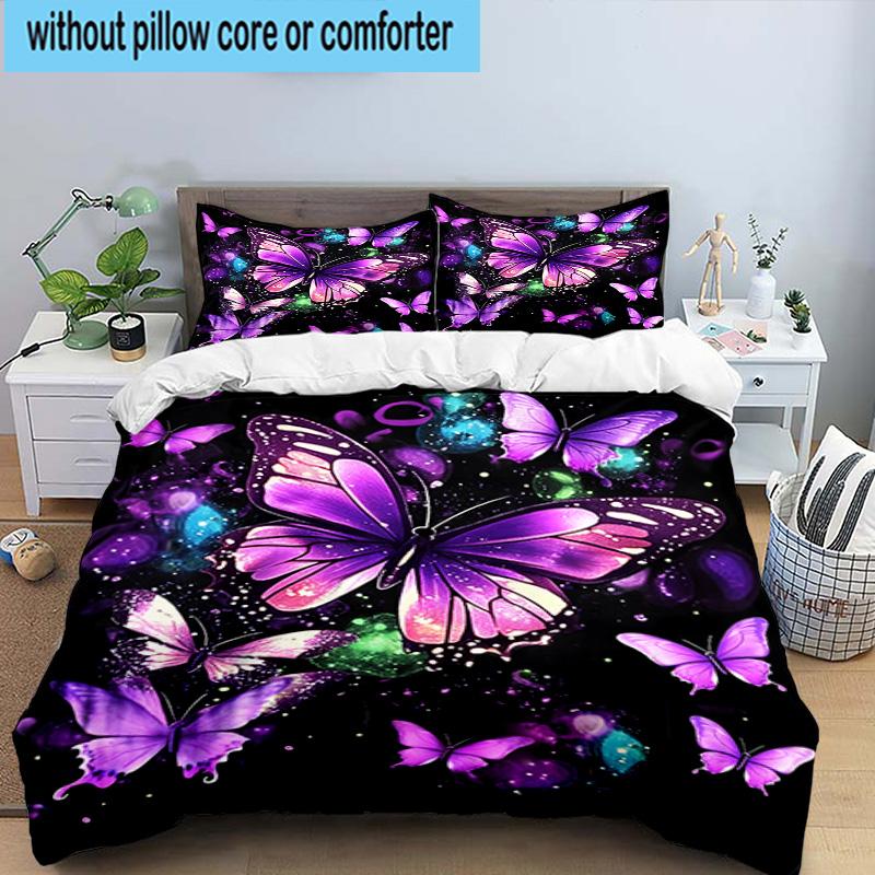 Purple Butterfly Dreams 3pcs Bedding,Including 1pc Duvet Cover And 2pcs Pillowcases Perfect for Christmas,Ideal for Bedroom, Dormitory