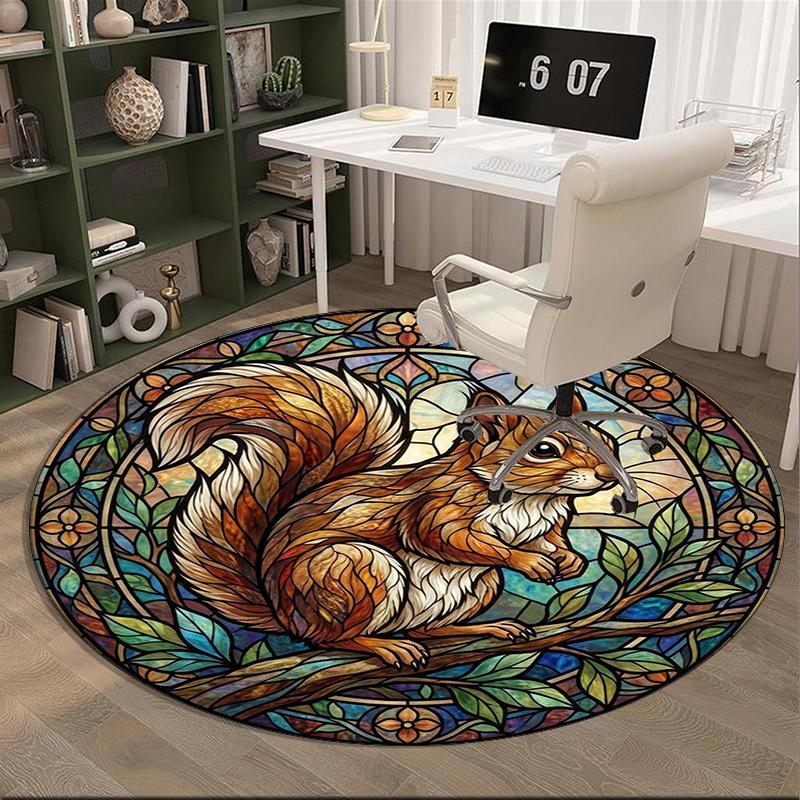 Squirrel And Acorns Stained Glass round carpet Chair cushion Round Entryway Rug, Soft Round Rugs for Living Room, Bedroom, Circle Carpet decor gifts
